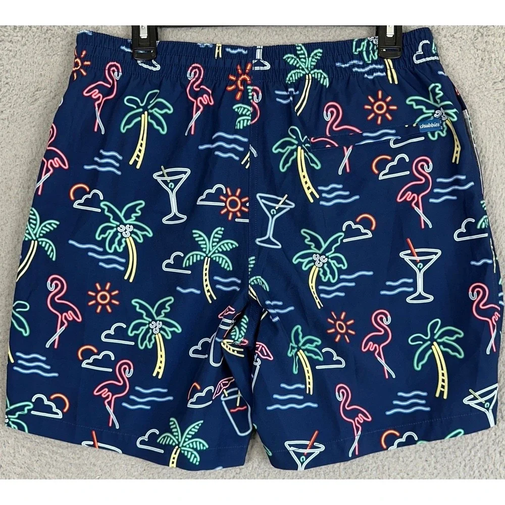 Chubbies Swim Trunks Mens XL Navy Neon Tropical Flamingo Mesh Lined Board Shorts